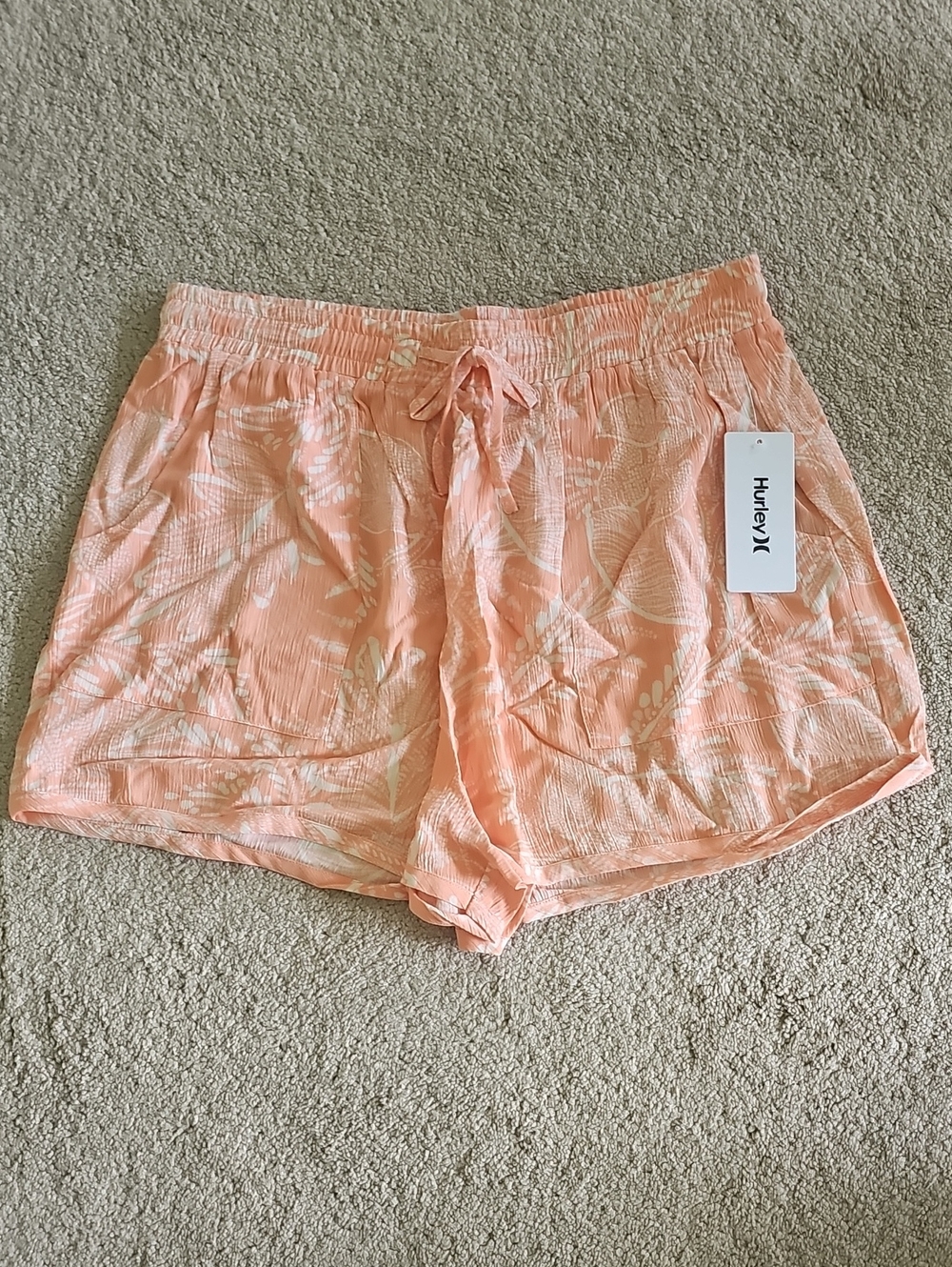 Hurley Peach Pink Tropical Print Drawstring Shorts